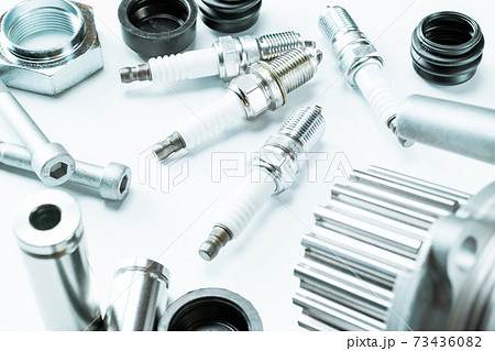 Engine gears. Auto motor mechanic spare or automotive piece on white background. Set of new metal car part. Technology of mechanical gear. 73436082