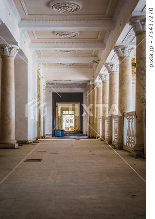 The interior of abandoned building of the Soviet sanatorium Georgia in Gagra, Abkhazia 73437270