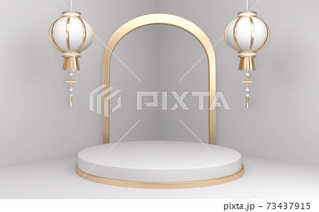 Podium minimal geometric white background and floor golden abstract.3D rendering Podium minimal geometric white background and floor golden abstract.3D rendering 73437915