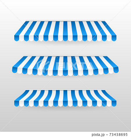 Blue and white sunshade. Outdoor awnings for cafe and shop window isolated vector set. Tent sunshade for market, stripe summer scallop for store illustration Blue and white sunshade. Outdoor awnings for cafe and shop window isolated vector set. Tent sunshade for market, stripe summer scallop for store illustration 73438695