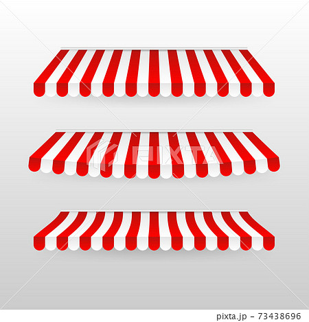 Red and white sunshade. Outdoor awnings for cafe and shop window isolated vector set. Tent sunshade for market, stripe summer scallop for store illustration Red and white sunshade. Outdoor awnings for cafe and shop window isolated vector set. Tent sunshade for market, stripe summer scallop for store illustration 73438696