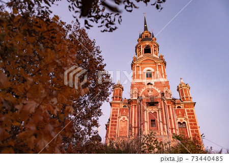 Gothic Orthodox Cathedral. Neo-Gothic Orthodox Church with Masonic symbols. Church at sunset. Gothic Orthodox Cathedral. Neo-Gothic Orthodox Church with Masonic symbols. Church at sunset. 73440485