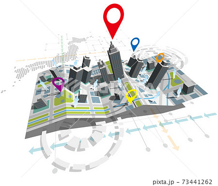 立体的な地図と目的地をあらわすマーカー 日本地図 ベクターイラスト背景なし斜めのイラスト素材