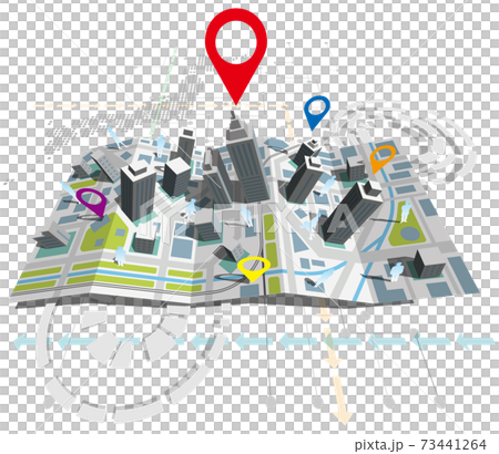 立体的な地図と目的地をあらわすマーカー 日本地図 ベクターイラスト背景なし正面のイラスト素材