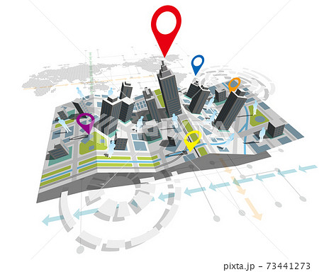 立体的な地図と目的地をあらわすマーカー 世界地図日本中心 ベクターイラスト背景なし斜めのイラスト素材