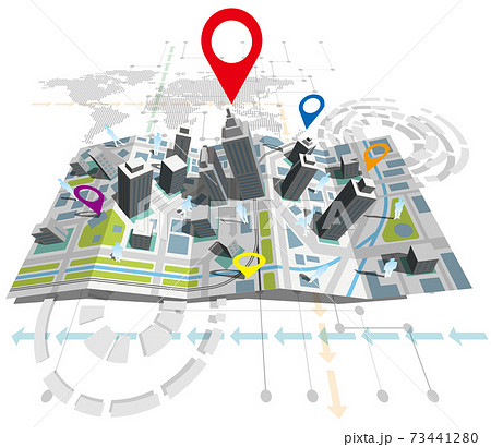 立体的な地図と目的地をあらわすマーカー 世界地図欧米中心 ベクターイラスト背景なし正面のイラスト素材