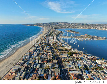Aerial view of Mission Bay and Beaches in San Diego, California. USA.  73442101