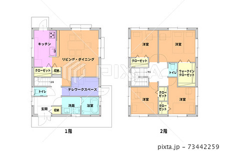 建築設計図 間取図 平面図 住宅 二階建 テレワークスペースのイラスト素材