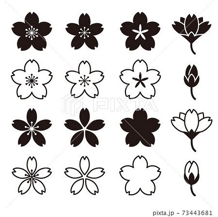 桜の花のシンプル白黒アイコンセット 白背景のイラスト素材
