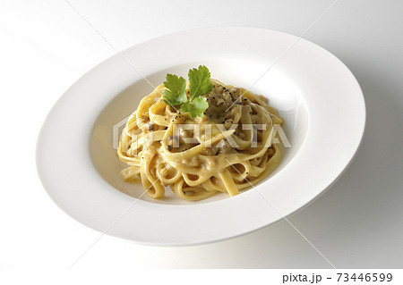 三つ葉が乗っているトリュフクリームの平打ちパスタを白背景で撮影 三つ葉が乗っているトリュフクリームの平打ちパスタを白背景で撮影 73446599