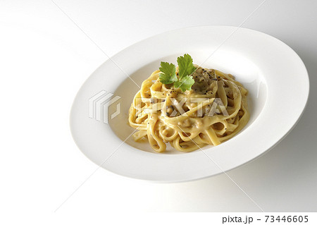 三つ葉が乗っているトリュフクリームの平打ちパスタを白背景で撮影 三つ葉が乗っているトリュフクリームの平打ちパスタを白背景で撮影 73446605