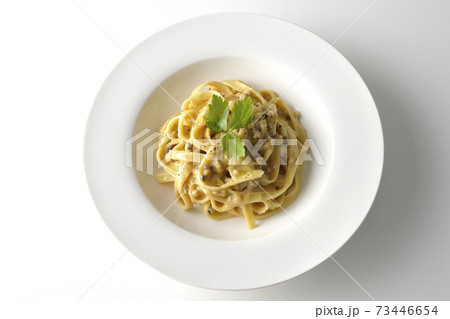 三つ葉が乗っているトリュフクリームの平打ちパスタを白背景で撮影(俯瞰) 三つ葉が乗っているトリュフクリームの平打ちパスタを白背景で撮影(俯瞰) 73446654