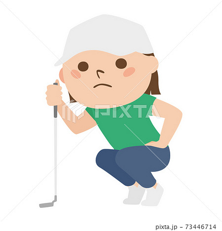 ゴルフをしてる女性のイラスト グリーンでカップまでのラインを読んでる女性 のイラスト素材