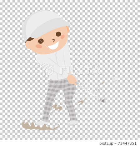 ゴルフをしてる男性のイラスト。バンカーからゴルフボールを飛ばしてる男性。 ゴルフをしてる男性のイラスト。バンカーからゴルフボールを飛ばしてる男性。 73447351