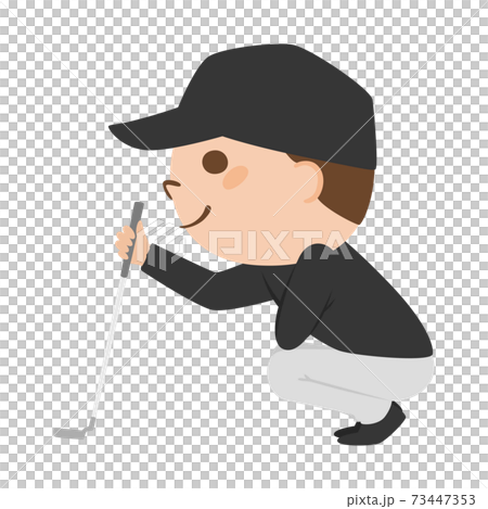 ゴルフをしてる男性のイラスト。グリーンでカップまでのラインを読んでる男性。 ゴルフをしてる男性のイラスト。グリーンでカップまでのラインを読んでる男性。 73447353