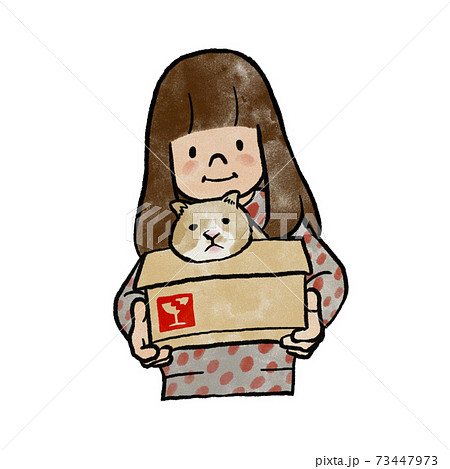 猫の入った箱を持つ女の子のイラスト素材
