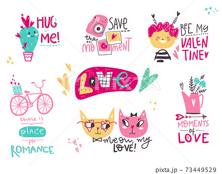 Doodle collection of Valentines Day lettering with characters, objects and decorations in cute naive simple style. Doodle collection of Valentines Day lettering with characters, objects and decorations in cute naive simple style. 73449529