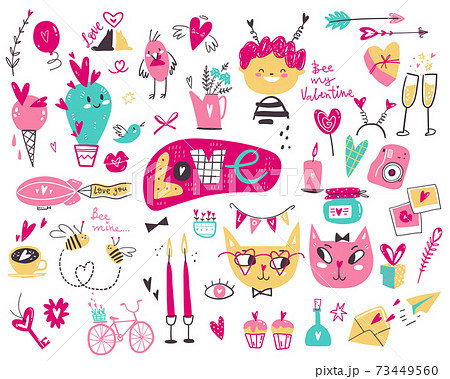 Doodle collection of Valentines Day symbols and elements. Characters, objects, gifts and decorations in cute simple style Doodle collection of Valentines Day symbols and elements. Characters, objects, gifts and decorations in cute simple style 73449560