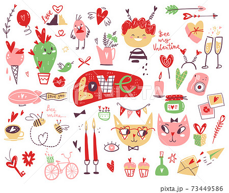 Doodle collection of Valentines Day symbols and elements. Characters, objects, gifts and decorations in cute simple style Doodle collection of Valentines Day symbols and elements. Characters, objects, gifts and decorations in cute simple style 73449586
