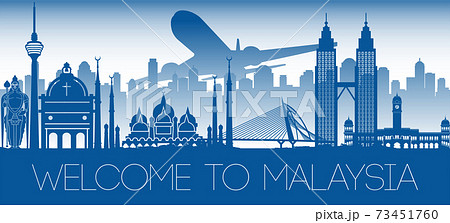 Malaysia famous landmark blue silhouette design 73451760