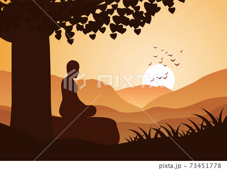 monk meditation sit on mountain face  to sun with calm 73451778