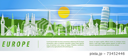 Europe famous landmark paper cut style with green  blue and white color design 73452446