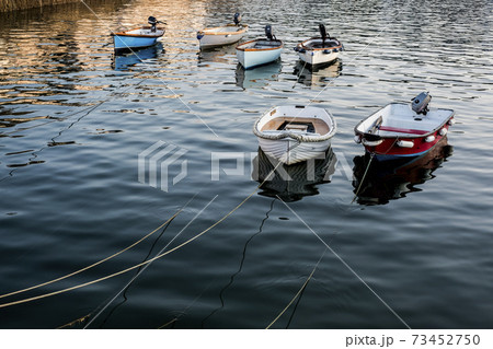 High angle view of fishing boats moored in harbour. 73452750