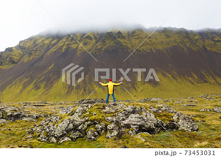Man standing on rocks, Snæfellsnes peninsula, West Iceland 73453031