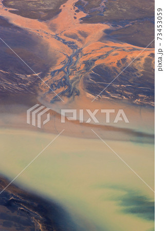 Aerial view of river estuary or delta, near Hvammur, South West Iceland 73453059
