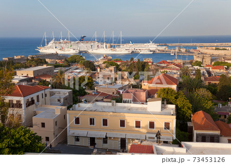 View over Rhodes Town & cruise ships, Rhodes, Dodecanese Islands, Greece 73453126