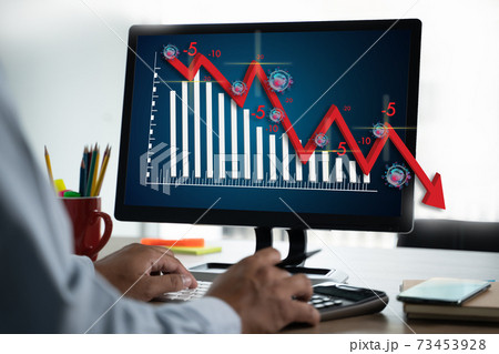 outbreak  econimical crisis market  businessman use computer coronavirus COVID-19 spread medical crisis down econimical Red arrows fall 73453928