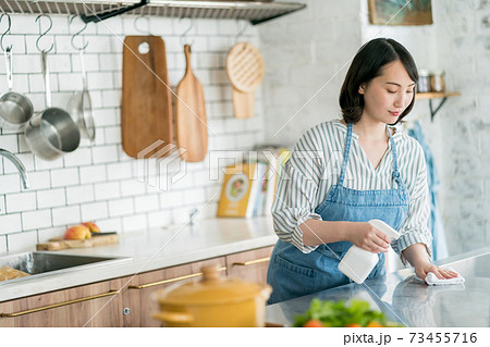 キッチンの除菌をする主婦 キッチンの除菌をする主婦 73455716
