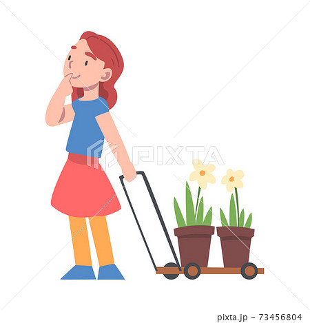 Girl Pulling Cart With Seedlings in Flower Pots, Kid Taking Care about Ecology, Conservation of Planet Resources, Environmental Protection Concept Cartoon Vector Illustration Girl Pulling Cart With Seedlings in Flower Pots, Kid Taking Care about Ecology, Conservation of Planet Resources, Environmental Protection Concept Cartoon Vector Illustration 73456804