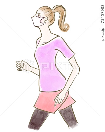 エクササイズでマスクをしながら走る女性の横向きイラストのイラスト素材