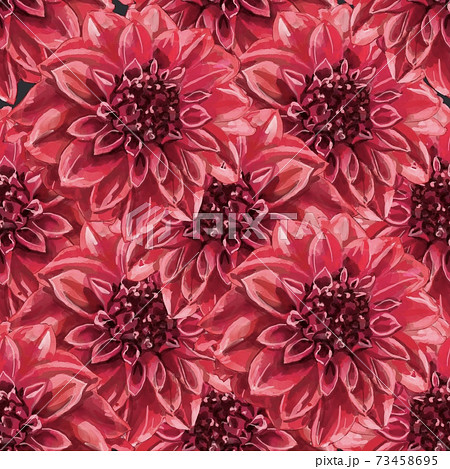 Beautiful background with hand-drawn delicate watercolor painting of red and pink dahlias. Stock drawing.  73458695