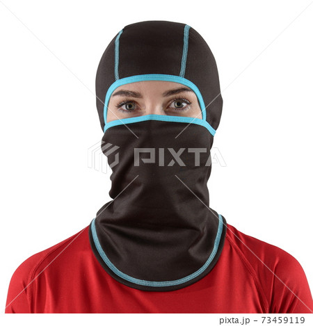 pretty brunette with long hair in a red shirt with a black balaclava with blue edging pretty brunette with long hair in a red shirt with a black balaclava with blue edging 73459119