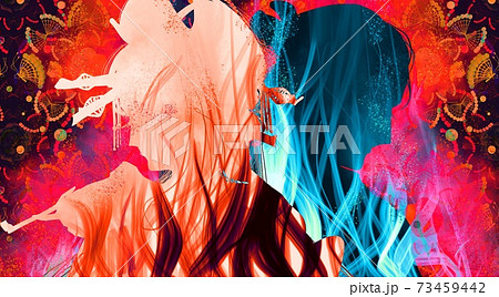 吉原の花魁と武士の間男のメラメラ燃える炎のシルエットのイラスト素材