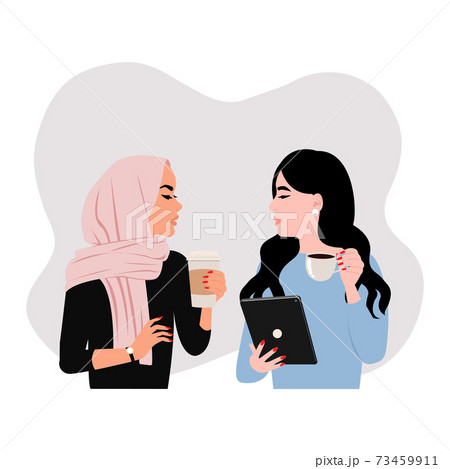 Female colleague having a discussion. Coffee break situation between Hijab and Asian woman. Flat vector design. Female colleague having a discussion. Coffee break situation between Hijab and Asian woman. Flat vector design. 73459911
