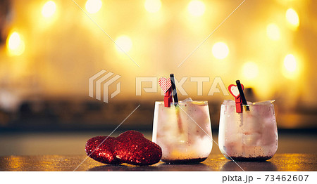happy valentine's day concept, bar cocktails for lovers on the bar counter copies space 73462607