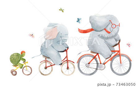 Beautiful stock illustration with watercolor hand drawn cute elephants and turtle on bikes. 73463050