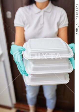 Courier woman hold go box food, delivery service, Courier woman hold go box food, delivery service, 73463121