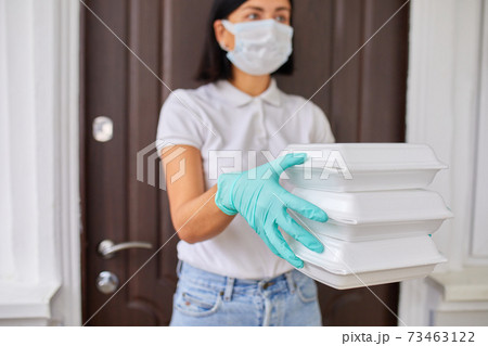 Courier woman hold go box food, delivery service, Courier woman hold go box food, delivery service, 73463122