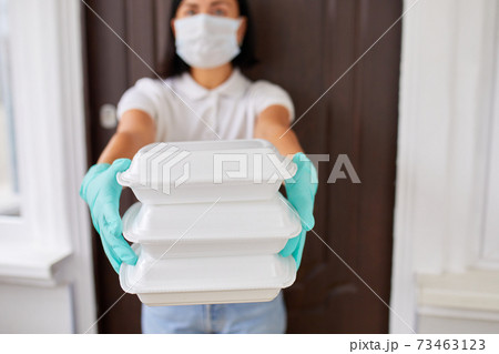 Courier woman hold go box food, delivery service, Courier woman hold go box food, delivery service, 73463123