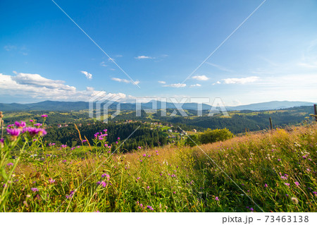 Beautiful summer landscape of village among Karpaty mountains Beautiful summer landscape of village among Karpaty mountains 73463138