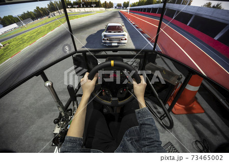 Game console of car simulator with electric accelerator, gear and steering wheel. 73465002