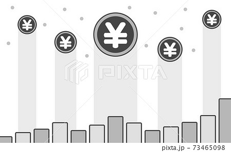 上昇する日本の通貨 円 のロゴ入りコインと棒グラフ 白黒の 値上がり 円高イメージ素材のイラスト素材