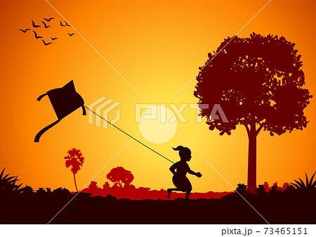 boy fishing at riverbank to catch fish,around with country rural life,silhouette style 73465151
