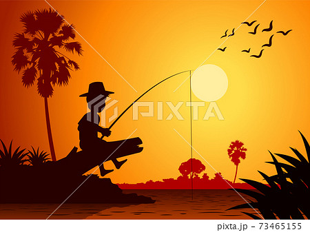 boy fishing at riverbank to catch fish,around with country rural life,silhouette style boy fishing at riverbank to catch fish,around with country rural life,silhouette style 73465155