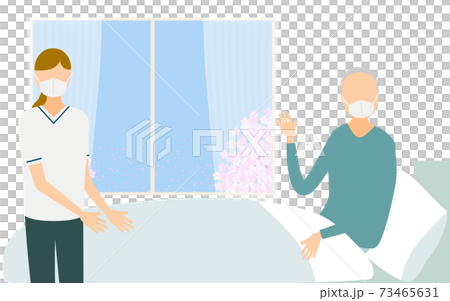 ベッドで体を起こす入院患者と看護師 ベッドで体を起こす入院患者と看護師 73465631