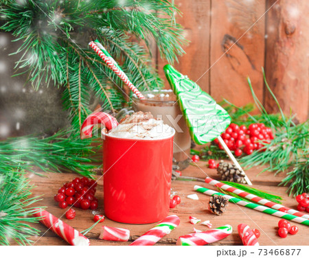 Hot cocoa with candy canes. Hot cocoa with candy canes. 73466877